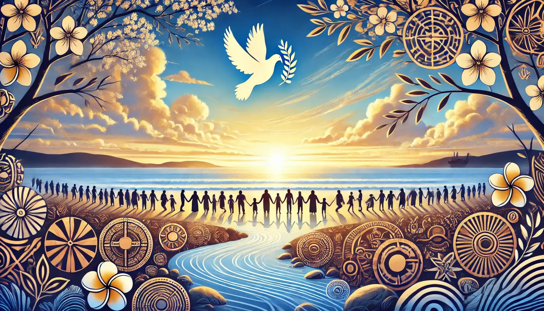 An inspiring image of a tranquil Pacific Ocean at sunrise, symbolizing peace and hope. Along the shoreline, diverse silhouettes of people from Pacific nations are holding hands, representing unity and collaboration. The scene incorporates cultural symbols like Polynesian patterns, Japanese cherry blossoms, and Australian Aboriginal art subtly integrated into the landscape. A dove carrying an olive branch soars in the sky, reinforcing the theme of peace. The composition is bathed in harmonious colors of blues, greens, and golds, evoking serenity and optimism.