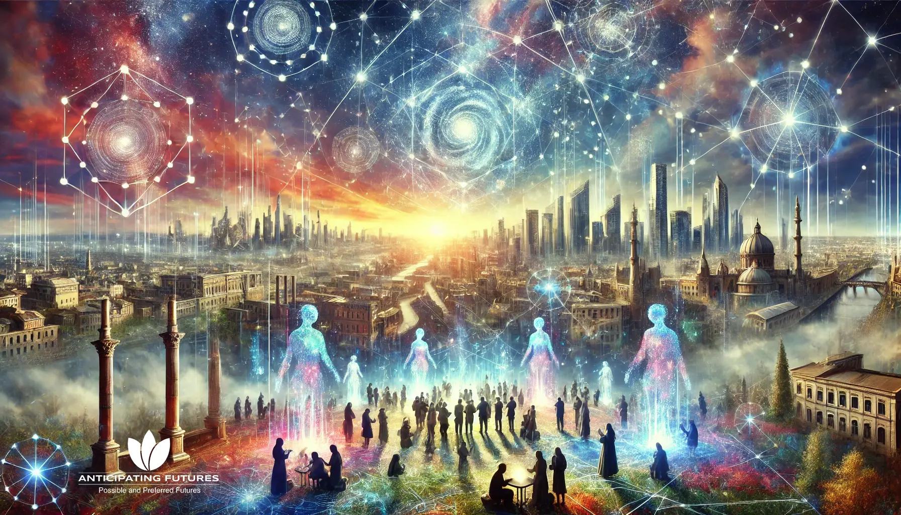 A surreal landscape that blends elements of the past, present, and future. The foreground features a diverse group of people collaboratively shaping glowing holographic structures symbolizing future visions. In the background, a skyline transitions from historical architecture to futuristic megastructures, blending natural landscapes with advanced technology. The sky is dynamic, with constellations morphing into digital patterns, symbolizing limitless possibilities. The color palette should be vibrant, dominated by blues, purples, and golds, evoking innovation and creativity.
